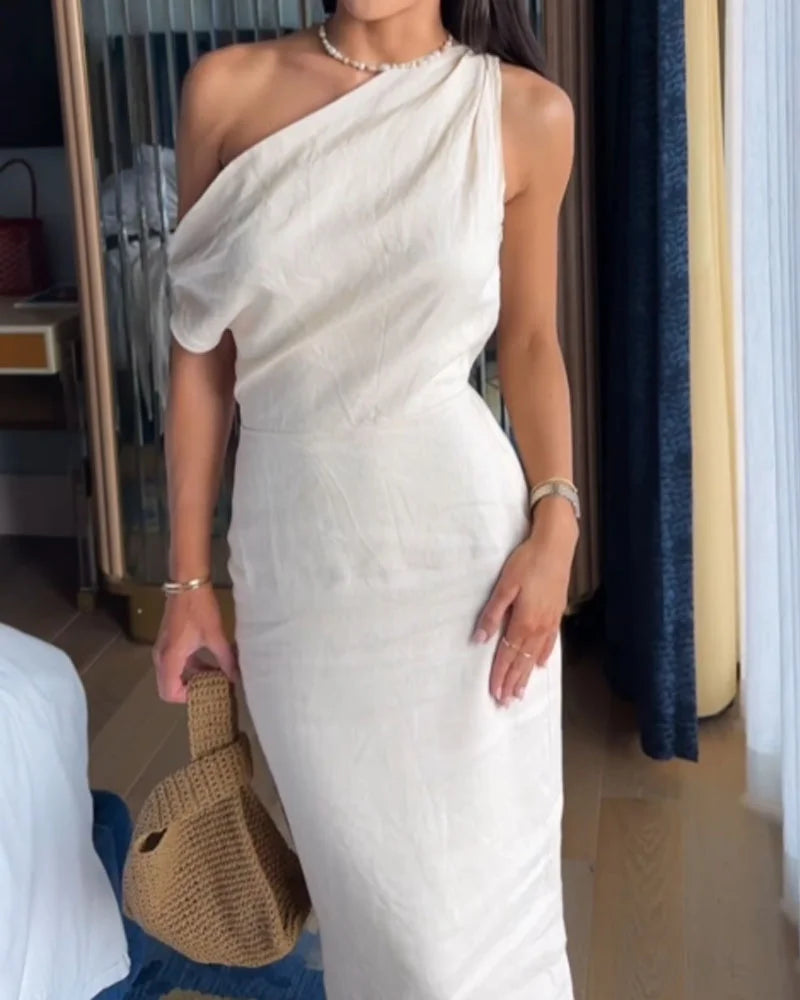 One Shoulder Draped Column Maxi Summer Dress