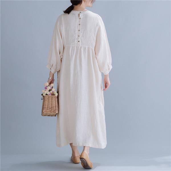 long sleeve cotton linen vintage print plus size women casual loose spring autumn dress