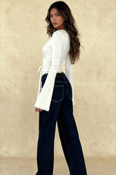 Lace Paneled V-Neck Tie-Waist Long-Sleeve Slim Knit Top
