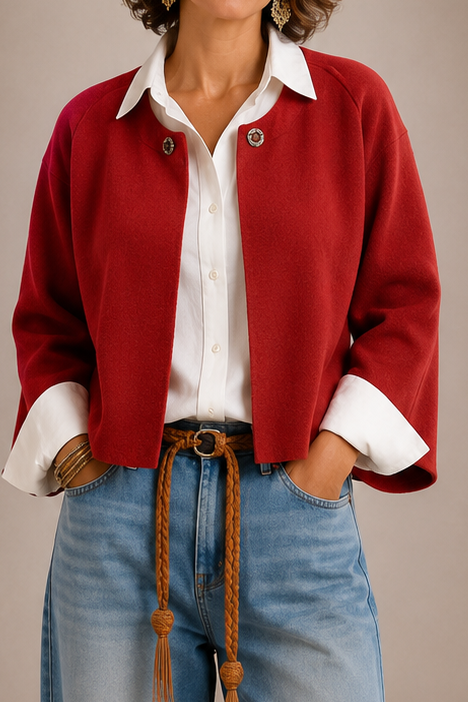 Collared Button Front Textured Knit Cropped Jacket