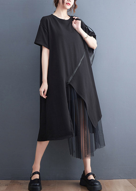 Diagonal Zip Mesh Layer Asymmetrical Hem Short Sleeve Midi Dress