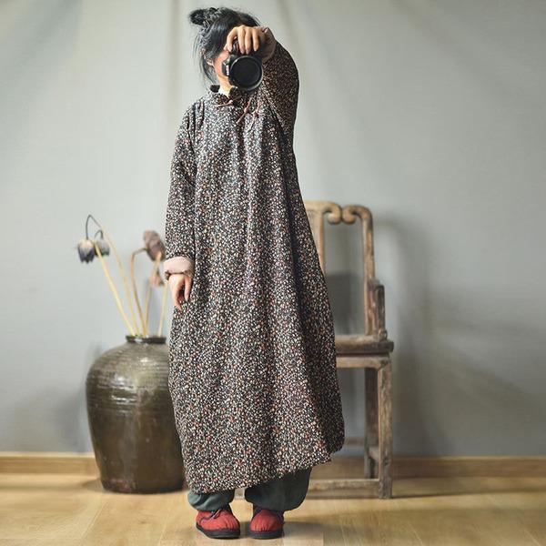 Vintage Cotton Linen Print Padded Dresses Female 2020 Autumn Winter Dress