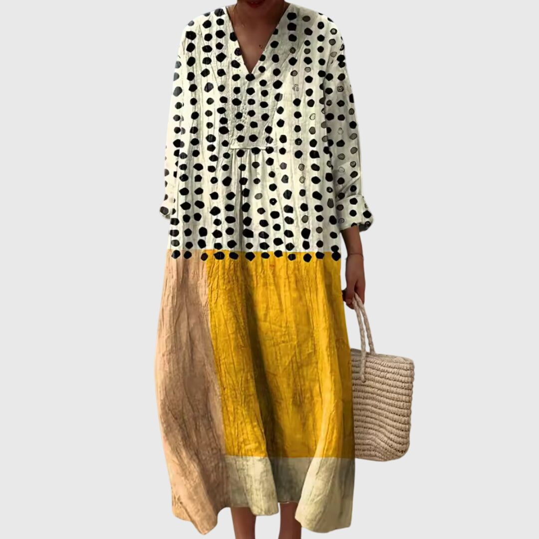 V-Neck Long Sleeve Striped Patchwork Maxi Dress