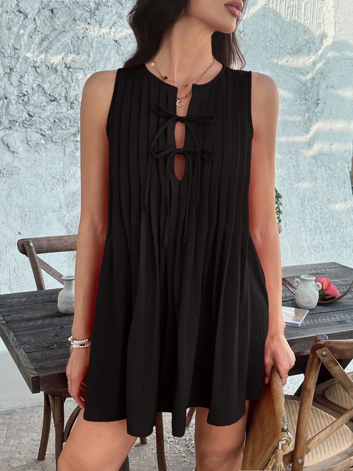 Pintuck Pleated Tie Front Keyhole Sleeveless Shift Mini Dress 12