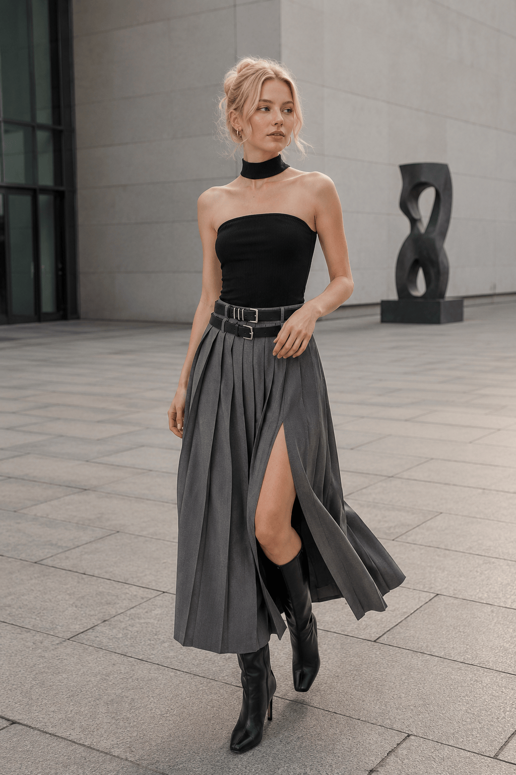 High Waist Knife Pleated High Split Maxi Skirt 2