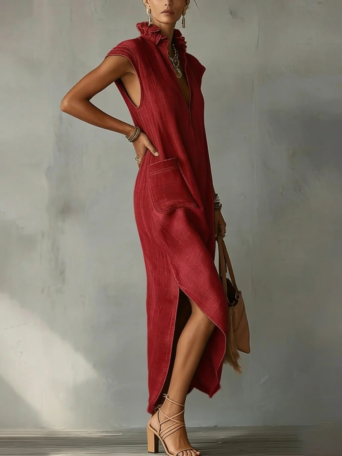 High Neck Cap Sleeve High Split Pocket Maxi Dress 11