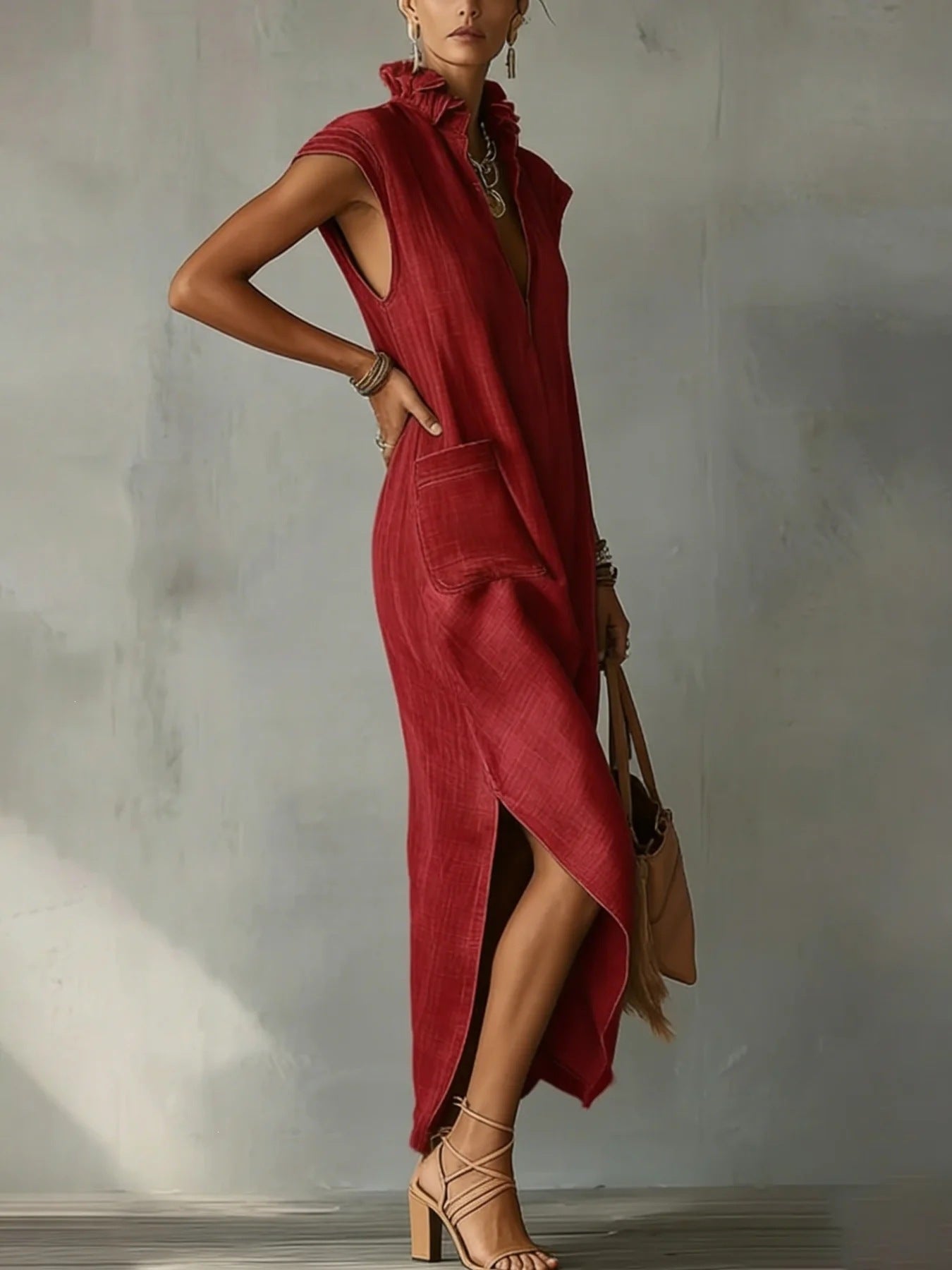 High Neck Cap Sleeve High Split Pocket Maxi Dress 11