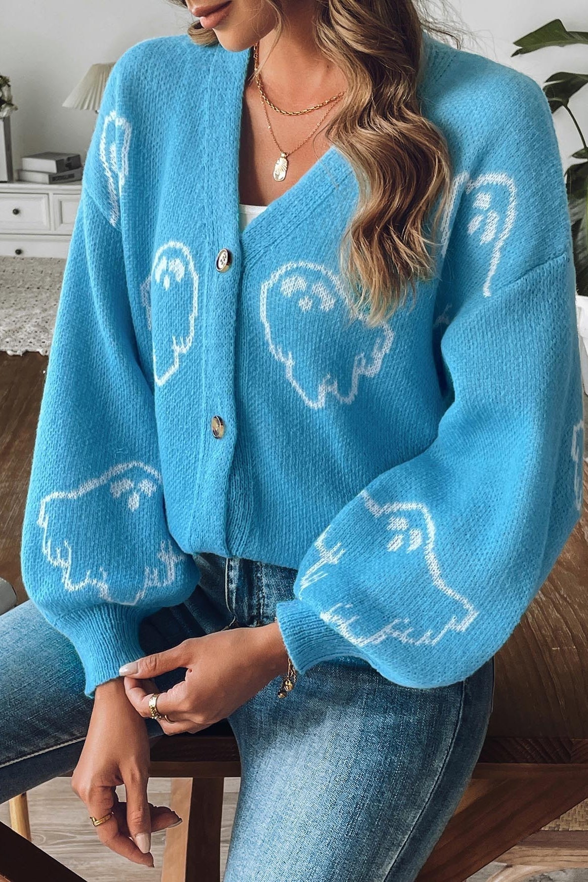 Ghost Pattern V-Neck Drop Shoulder Button Front Knit Cardigan 5