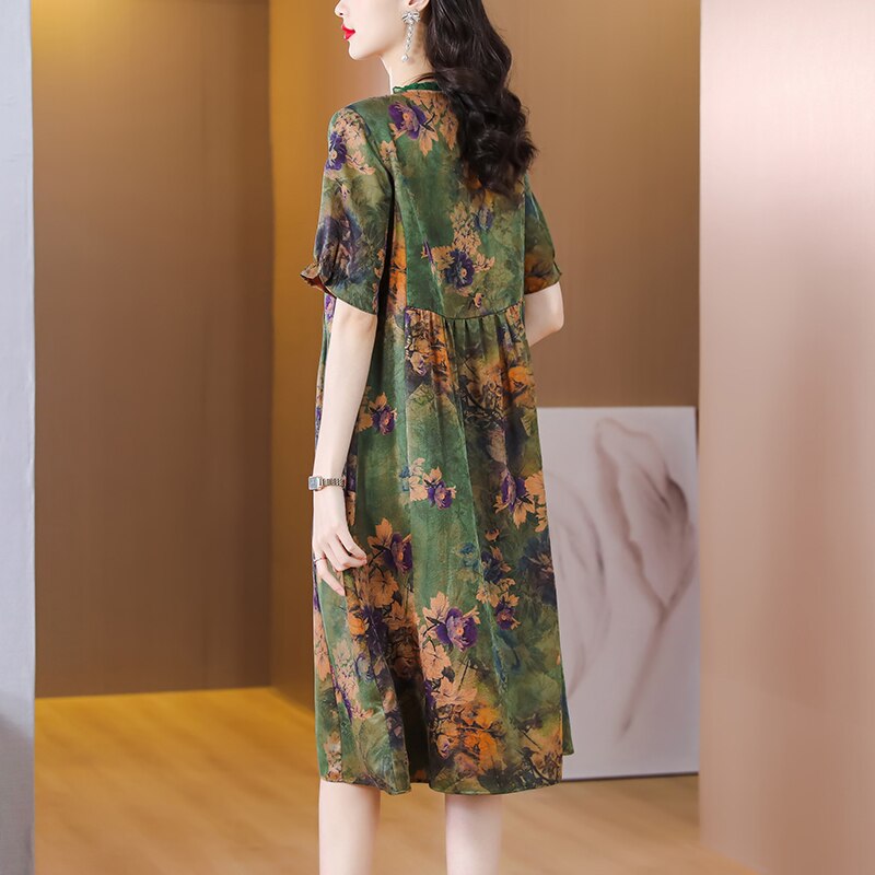 Floral Print V-Neck Short Sleeve Empire Waist Midi Dress