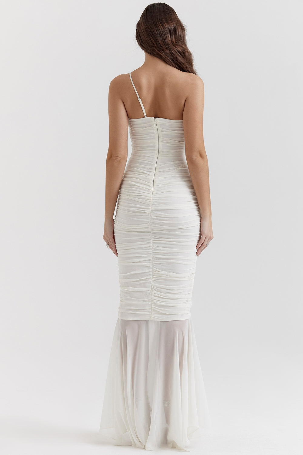 Ruched Mesh Asymmetric Neck Front Split Mermaid Maxi Dress 8