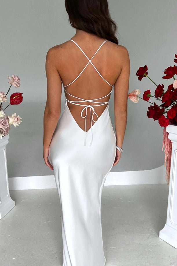Satin Scoop Neck Spaghetti Strap Lace Up Back Bias Cut Slip Maxi Dress