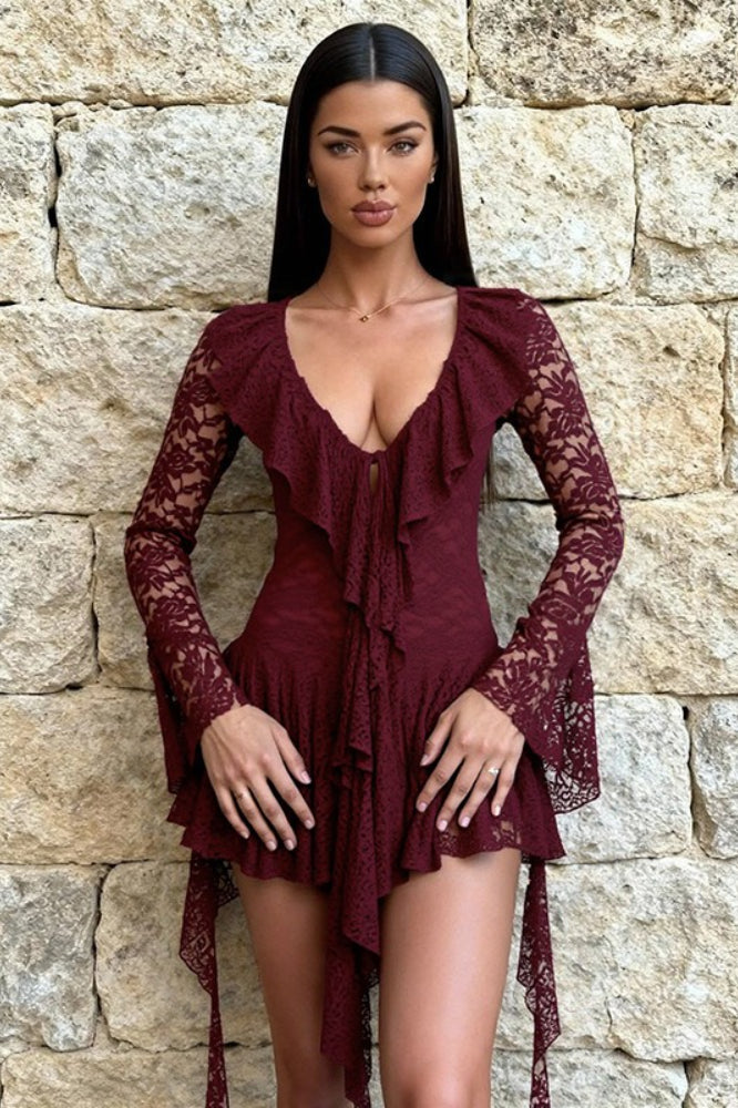 Lace Ruffle Ribbon Long Sleeve Mini Lace Dress