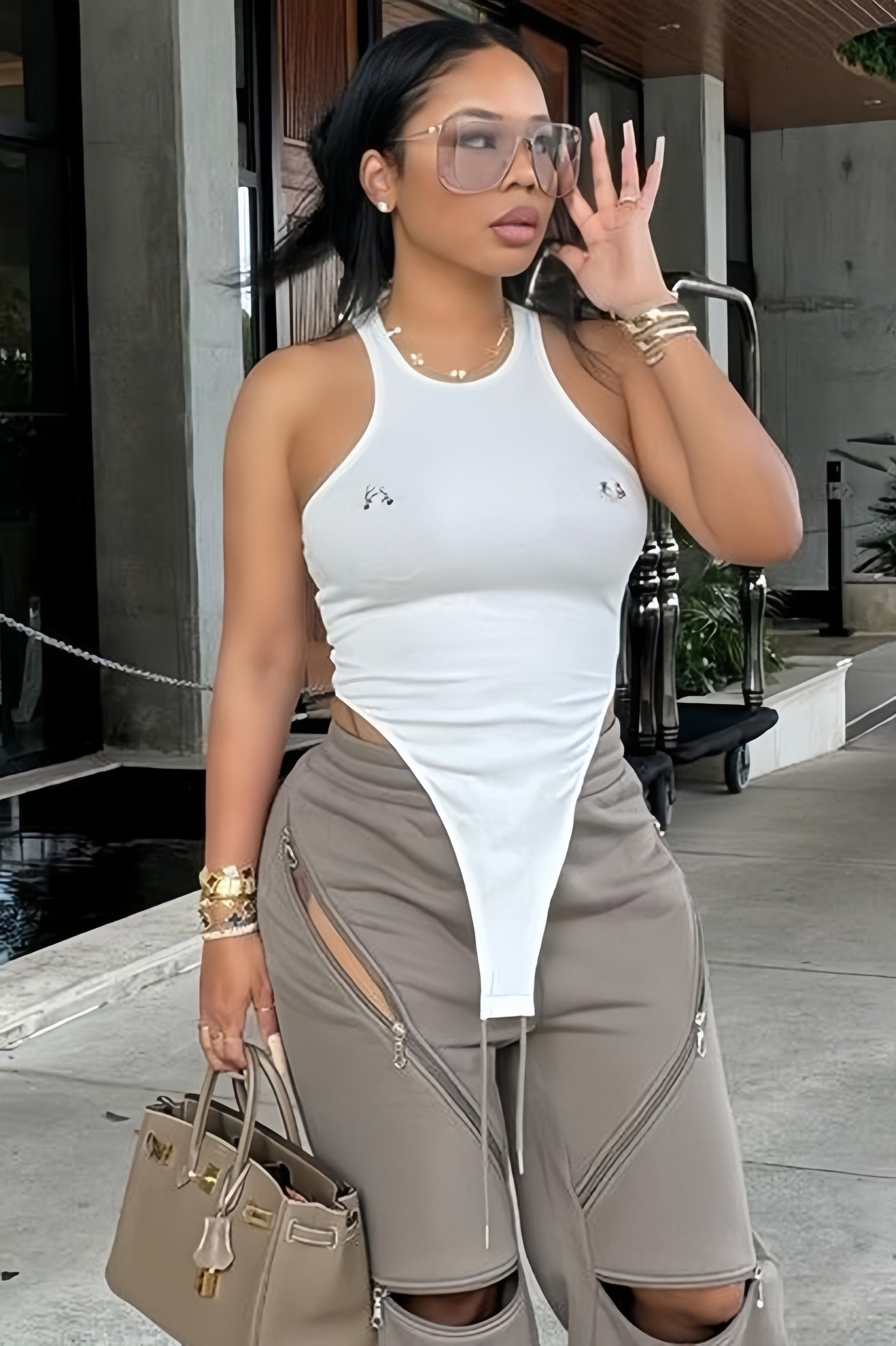 Crew Neck Cutout 3D Embellished Slim Bodysuit