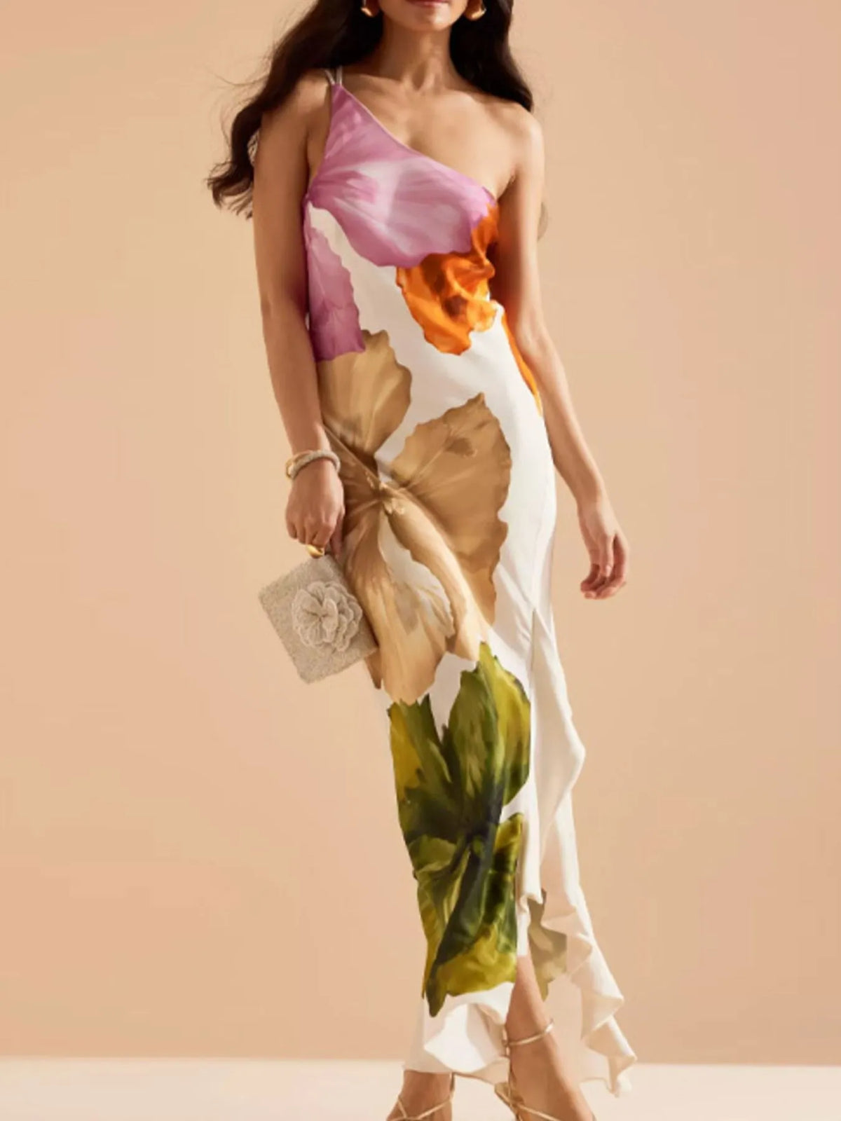 Floral Print One Shoulder Ruffle Trim Side Split Maxi Dress 3