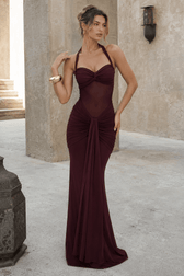 Ruched Halter Drape Tie Curve Long Slip Dress