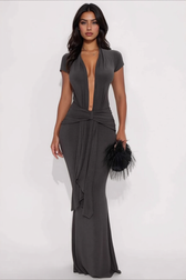 Solid Plunge V Short Sleeve Tie Slim Bodycon Dress