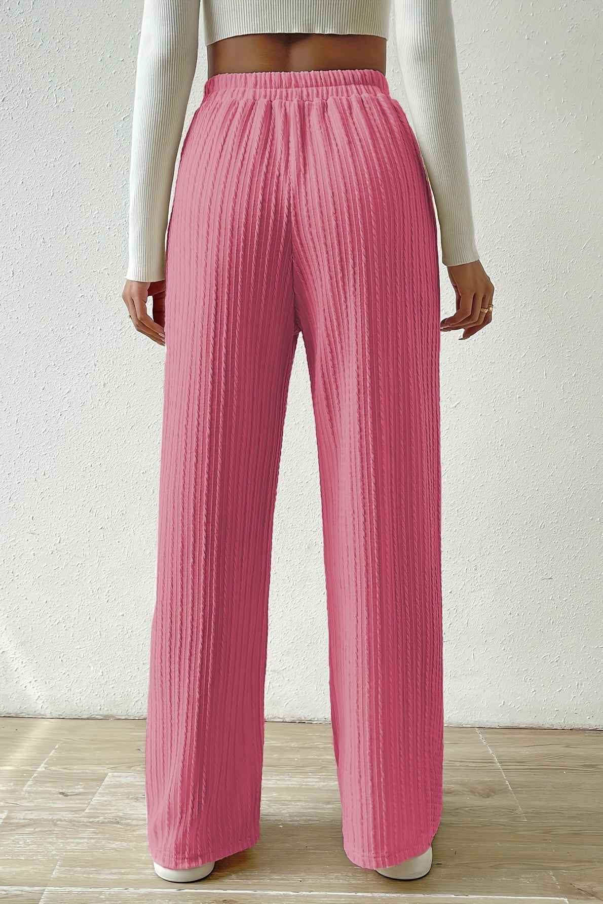 Elastic High Waist Drawstring Cable Textured Knit Wide Leg Pants 12