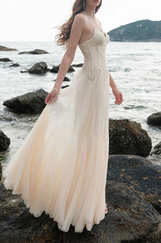 Lace Corset Tulle Ball Gown Strapless Wedding Dress