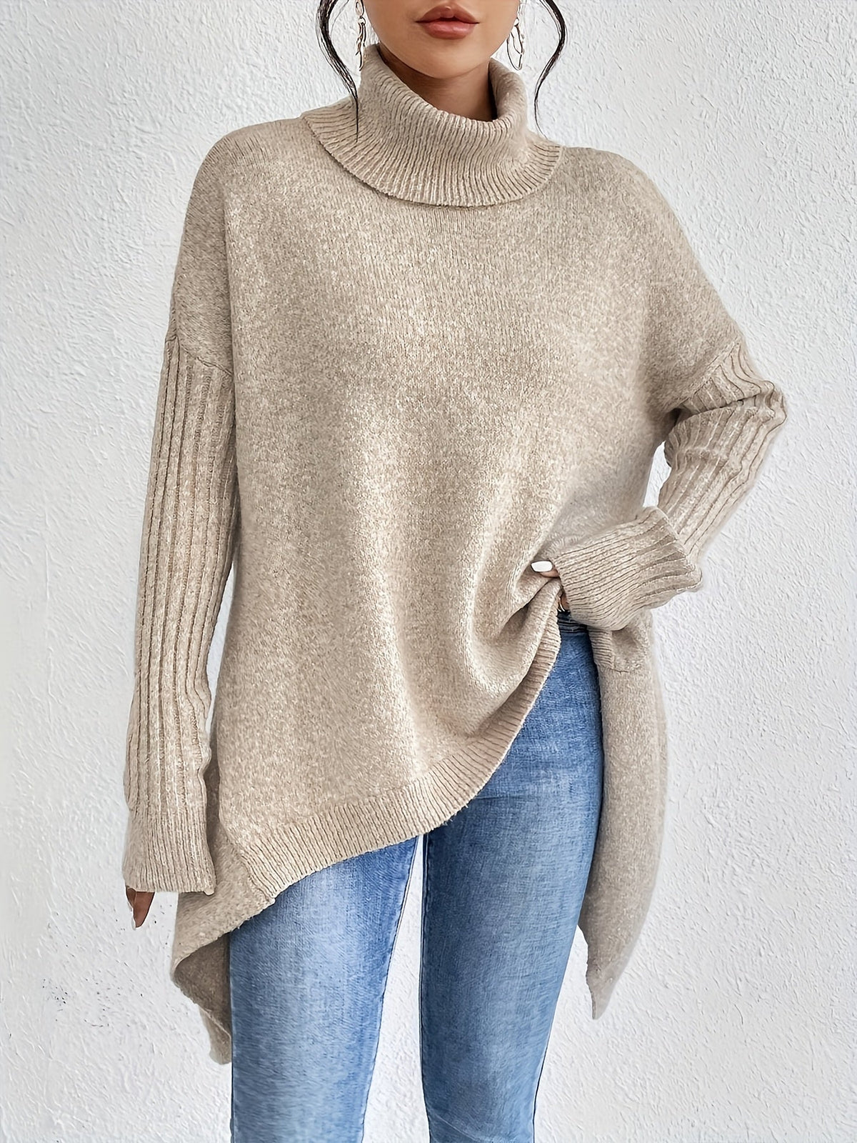 Turtleneck Long Sleeve Oversized High Low Sweater