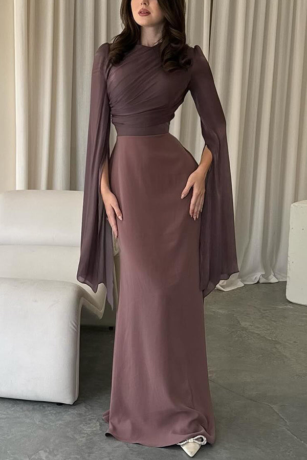 Liora Ruched Organza Satin Patchwork Long Bell Slit Maxi Dress - View 5