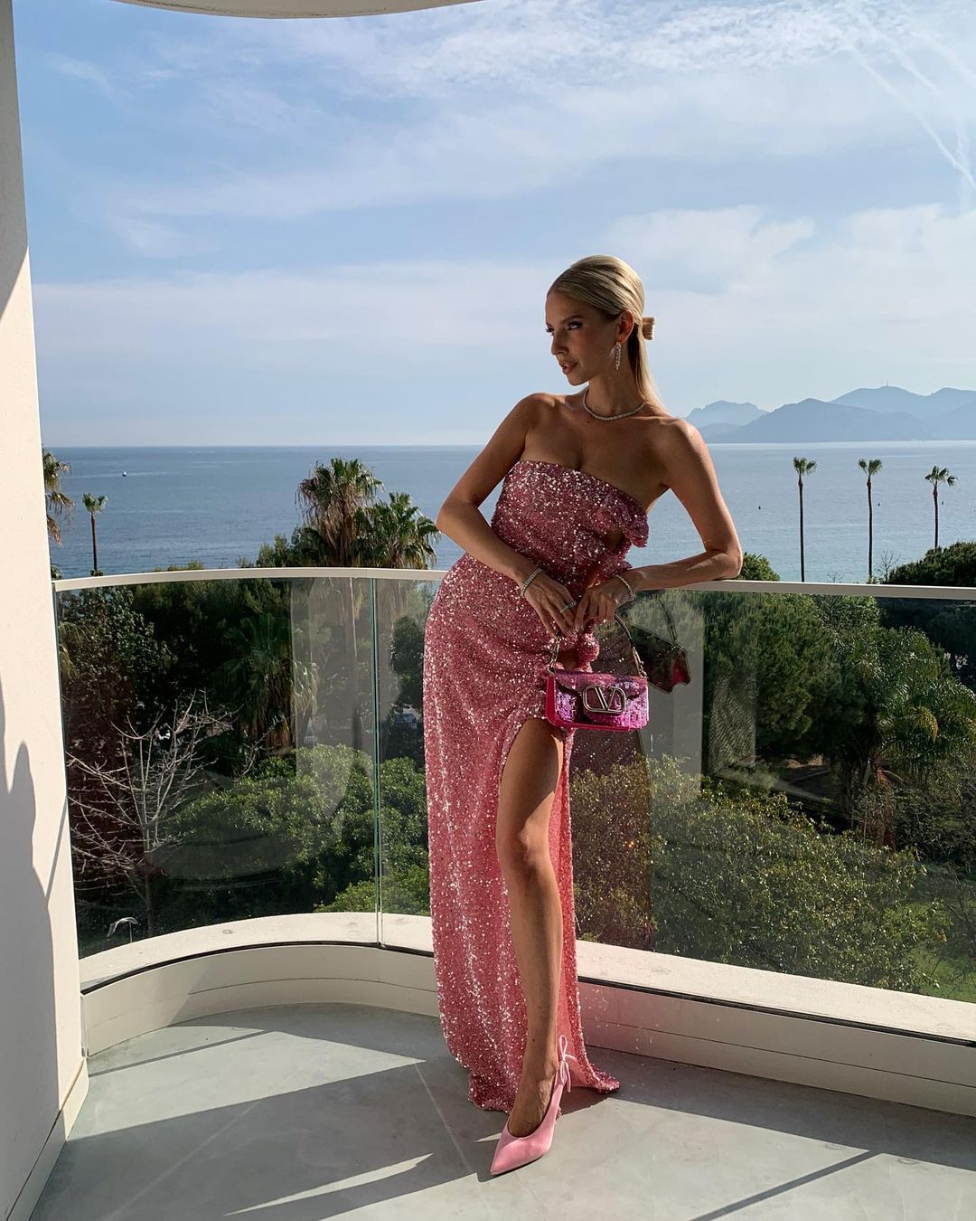 Sequin Strapless Bow Side Cut Out High Split Maxi Gown 3