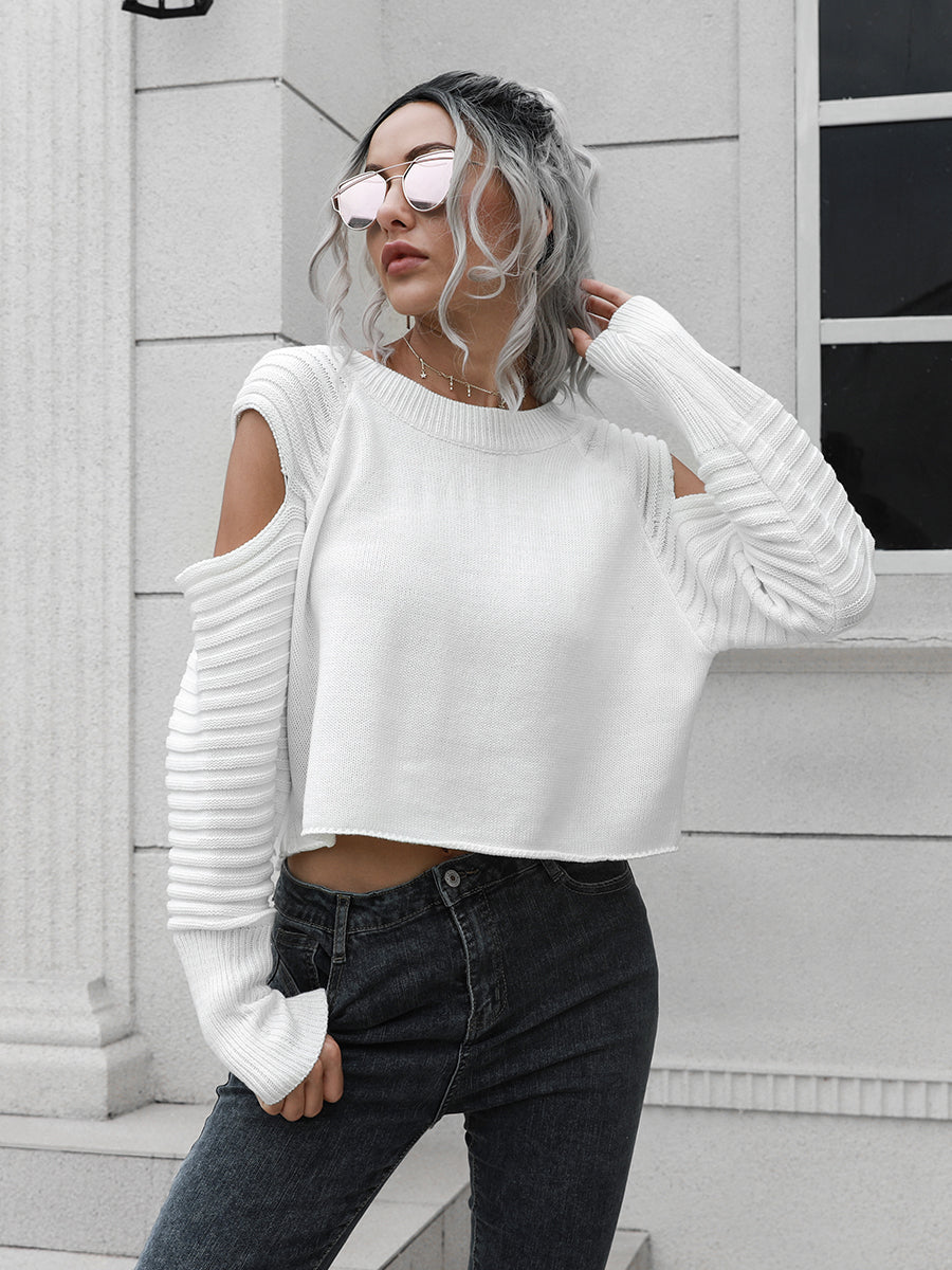 Cold Shoulder Round Neck Ribbed Long Sleeve Cropped Sweater 4