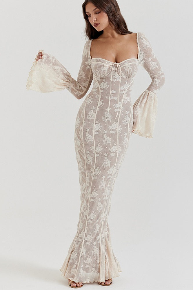 Strapless Lace Flared Backless Bodycon Maxi Lace Dress