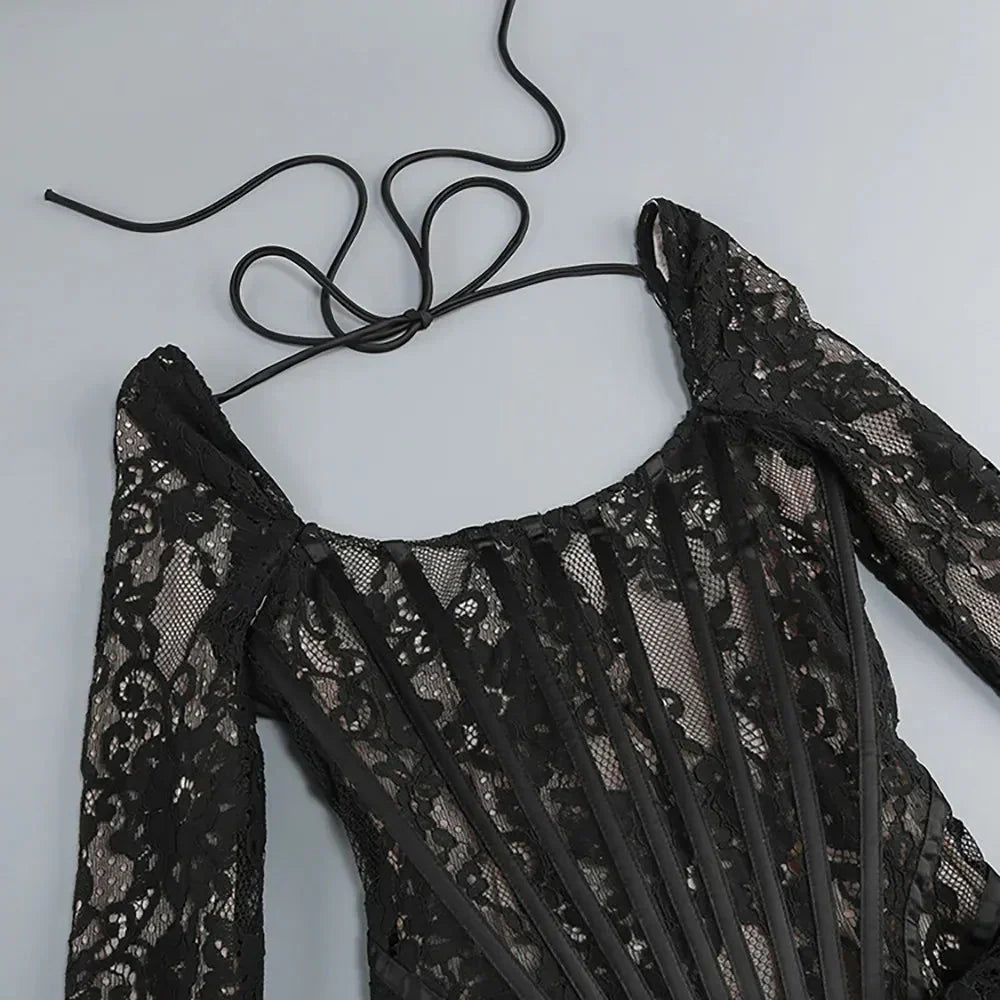Lace Corset Square Neck Long Sleeve Draped Side Tie Mini Dress 8