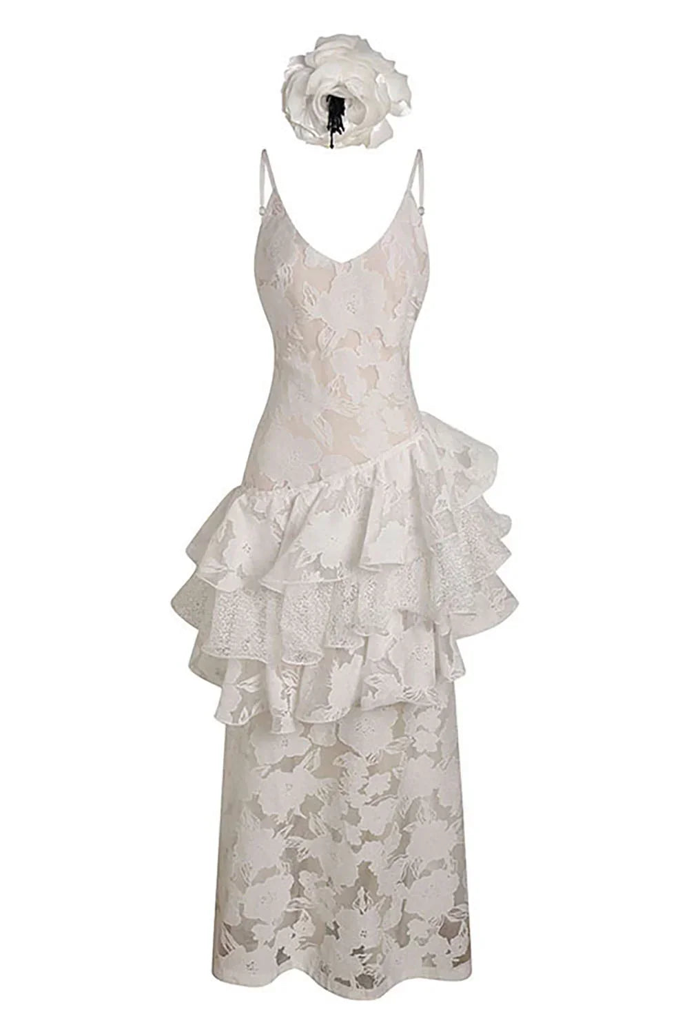 Sheer Floral Jacquard Tiered Ruffle Rosette Detail Maxi Dress 7