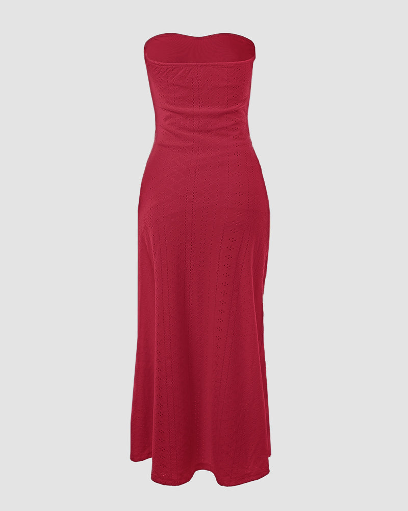 Strapless Eyelet Ruched High Split Midi Dress Summer 6