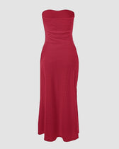Strapless Eyelet Ruched High Split Midi Dress Summer 6