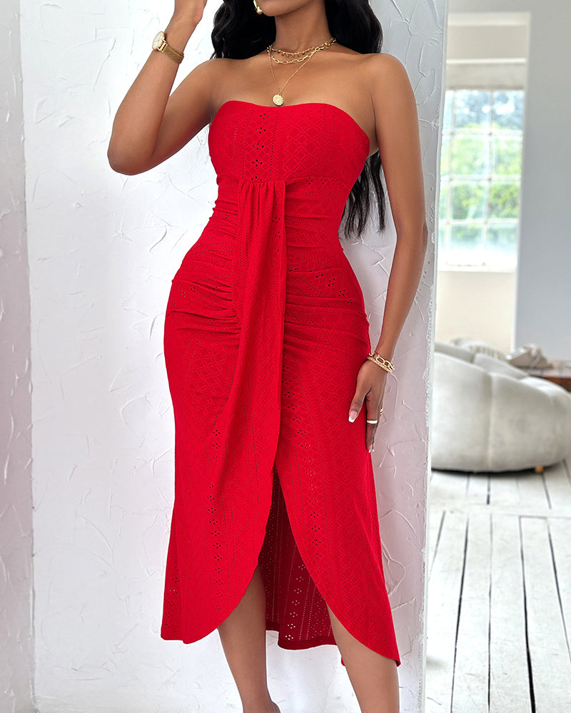 Strapless Eyelet Ruched High Split Midi Dress Summer 4