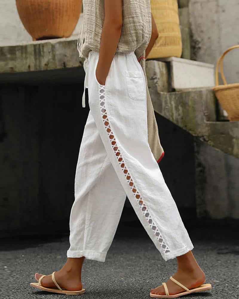 Natural Casual Pants With Hollow Out Spliced Details Drawstring Elastic Waist Pocket Cotton