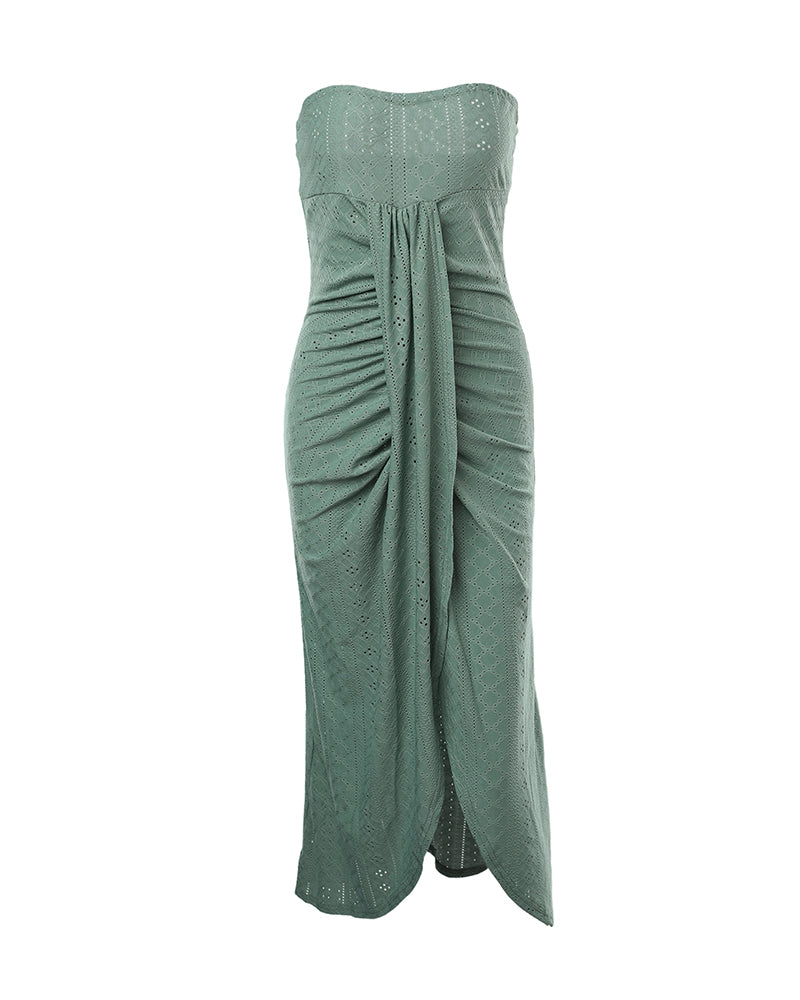 Strapless Eyelet Ruched High Split Midi Dress Summer 12