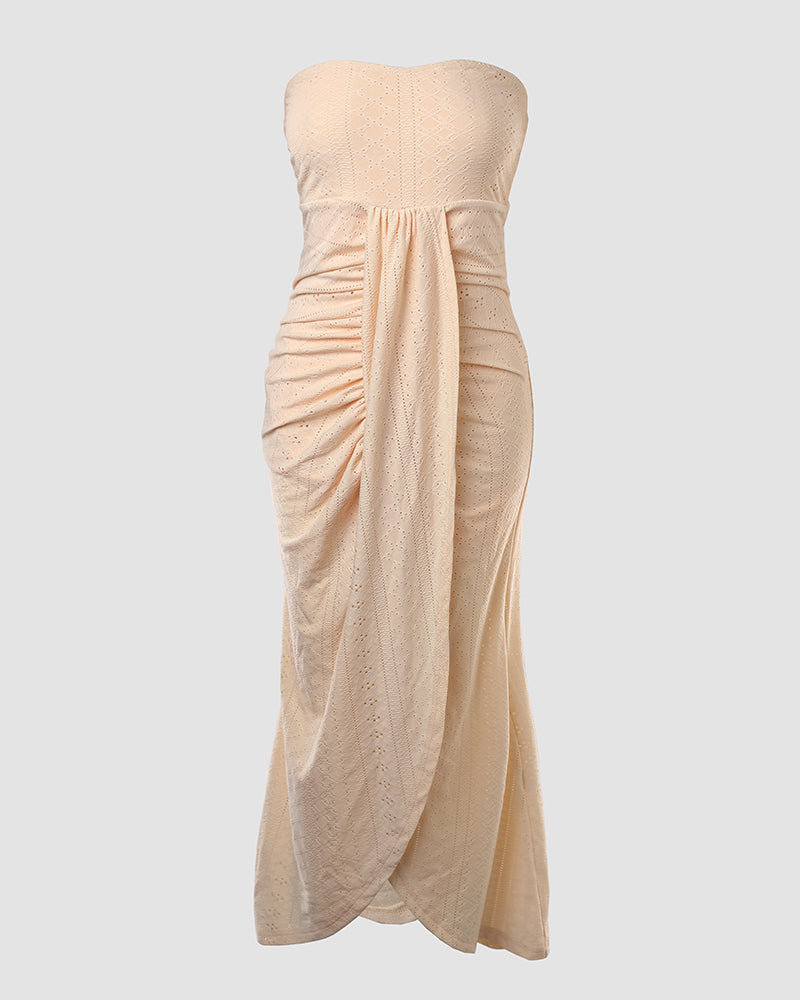 Strapless Eyelet Ruched High Split Midi Dress Summer 26
