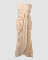 Strapless Eyelet Ruched High Split Midi Dress Summer 26