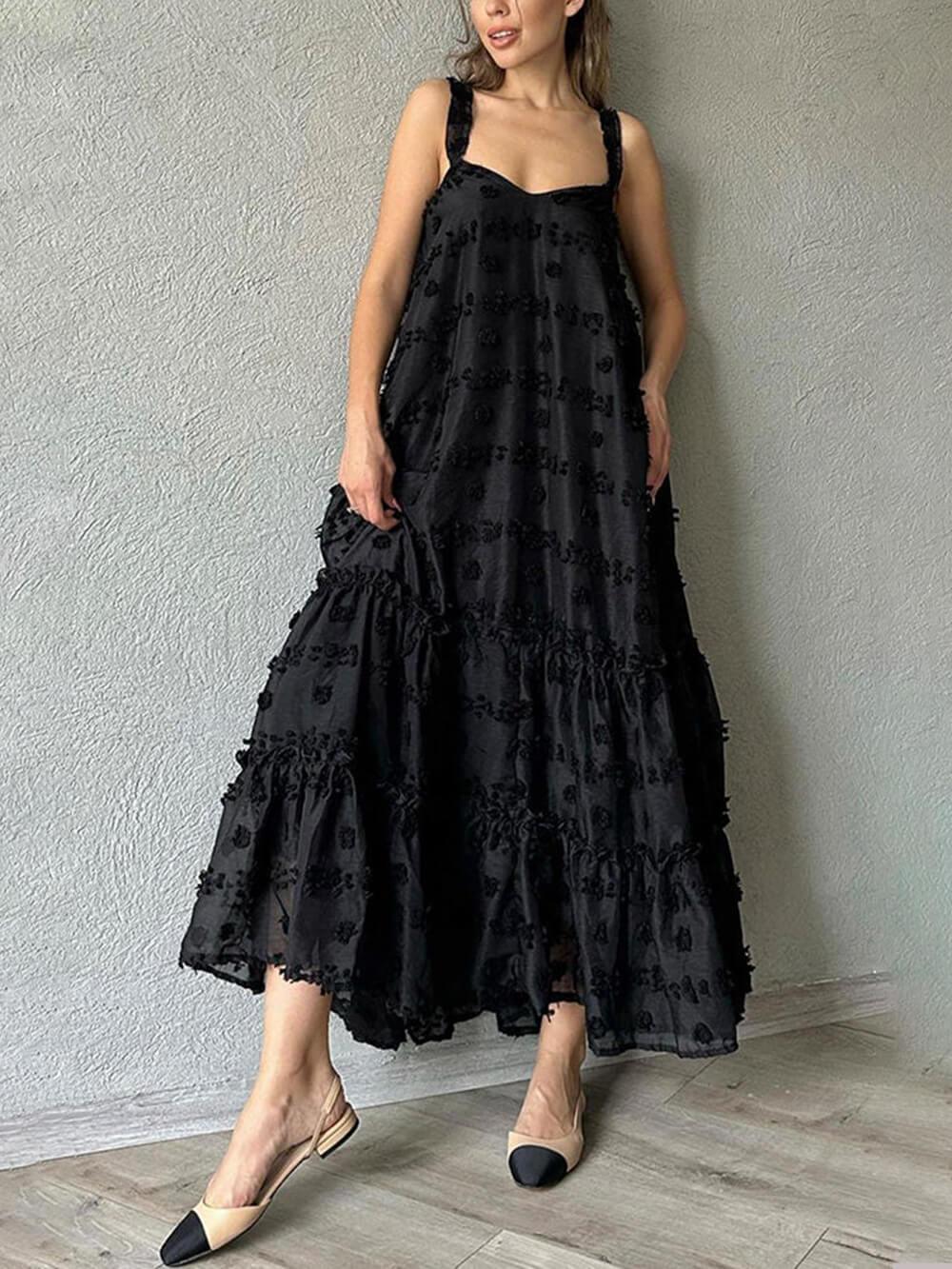 Flower Decor Pretty A-Line Layered Loose Maxi Dress Black