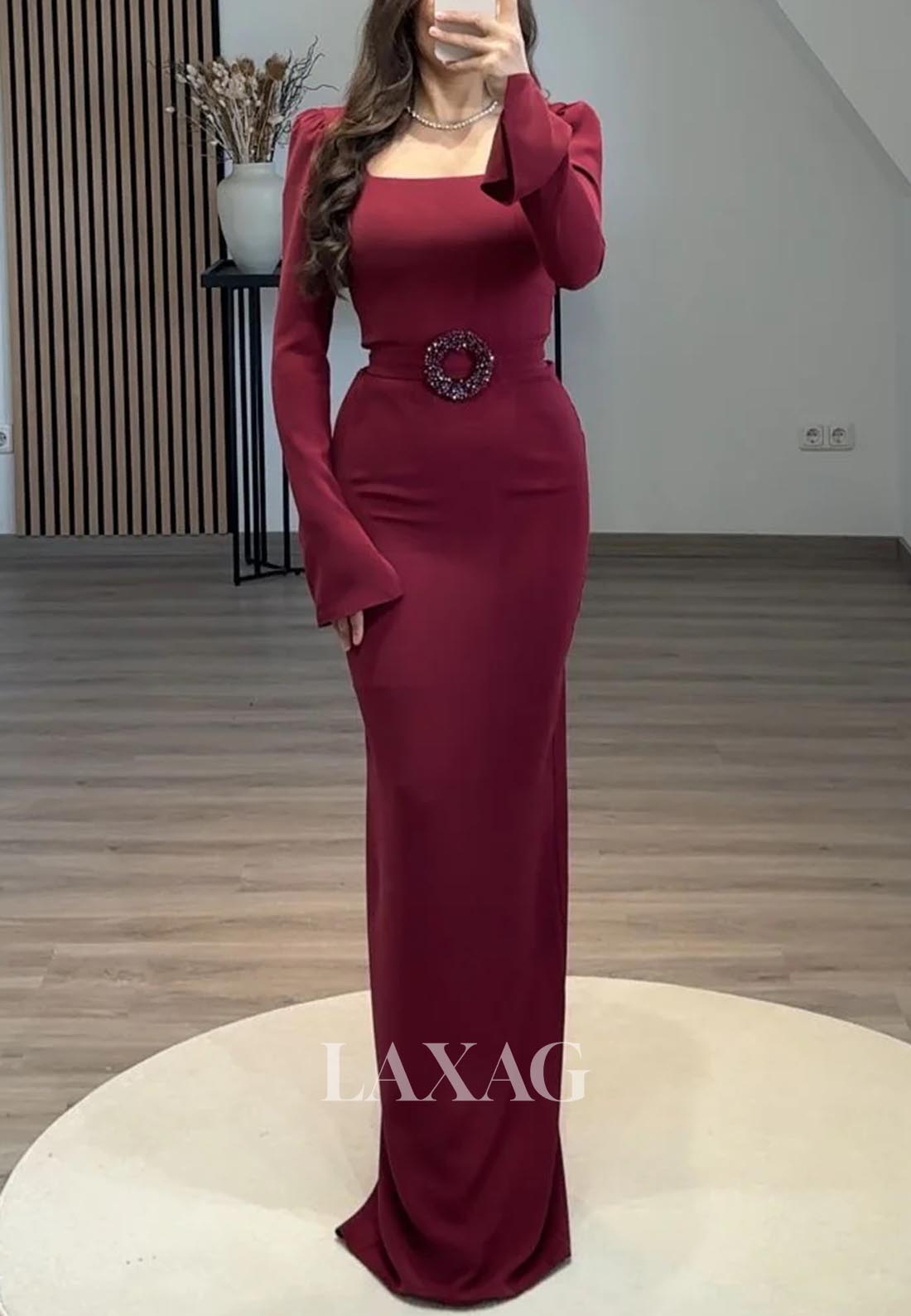 Square-Neck Long-Sleeves Mermaid Evening Dress Simple Pleated Floor-Length Satin Formal Gowns