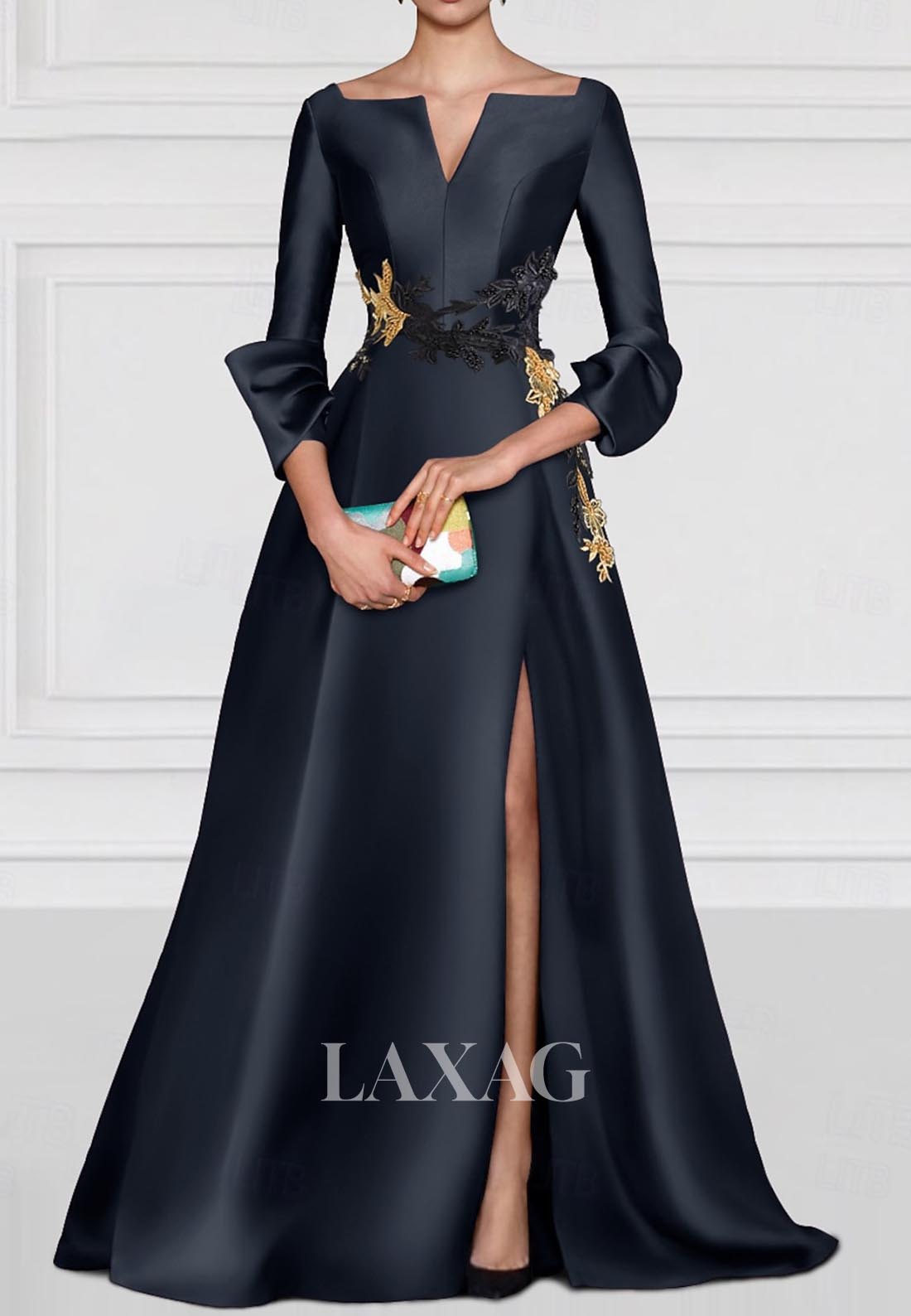 V-Neck Long-Sleeves Satin A-Line Evening Dress Beaded Embroidered Formal Gowns with High Slit