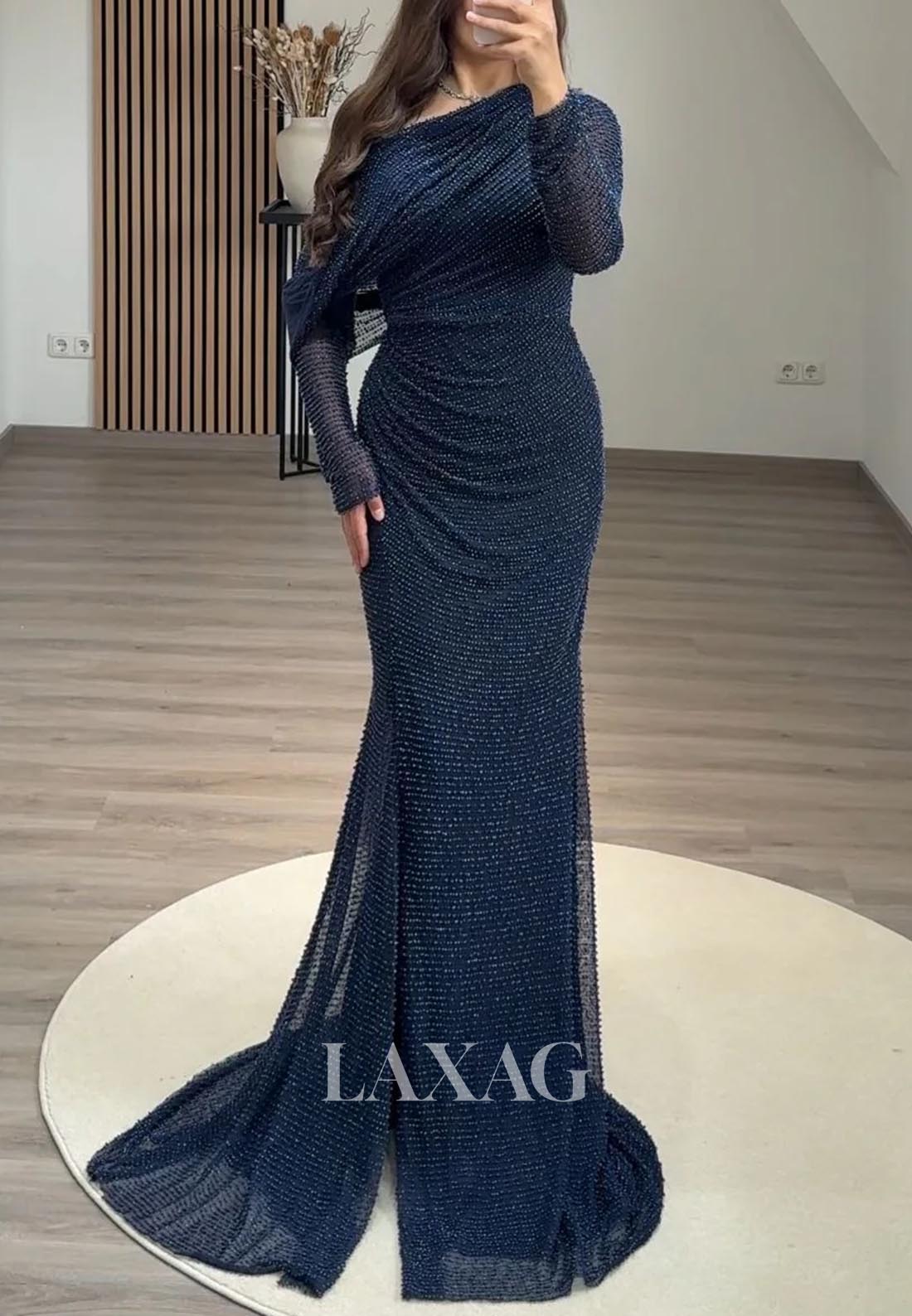 Long-Sleeves Asymmetrical-Neck Pleated Formal Gowns Fully Beaded Sweep Train Mermaid Evening Dress