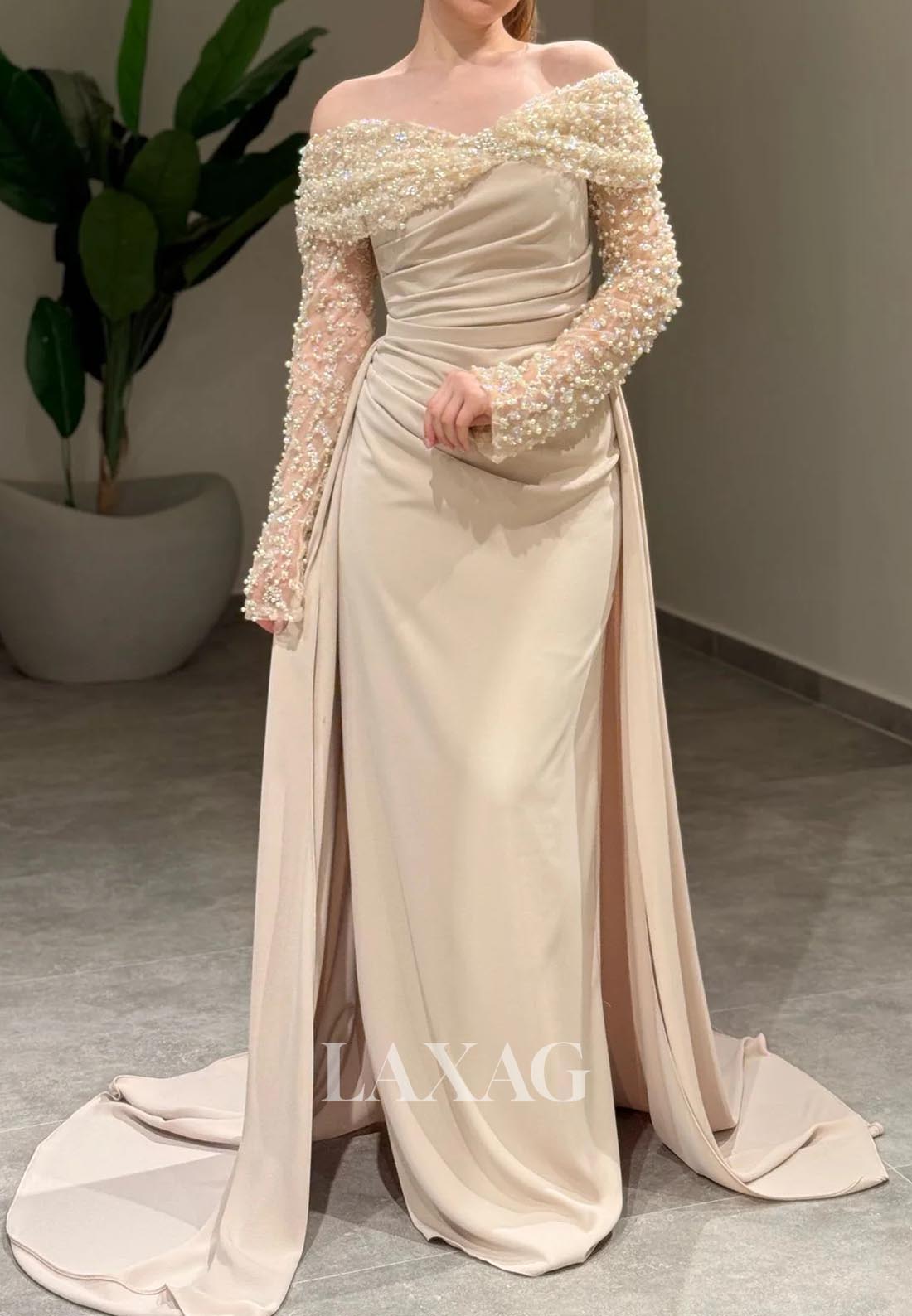 Sweetheart Long-Sleeves Beaded Formal Gowns Pleated Sweep Train Mermaid Evening Dress