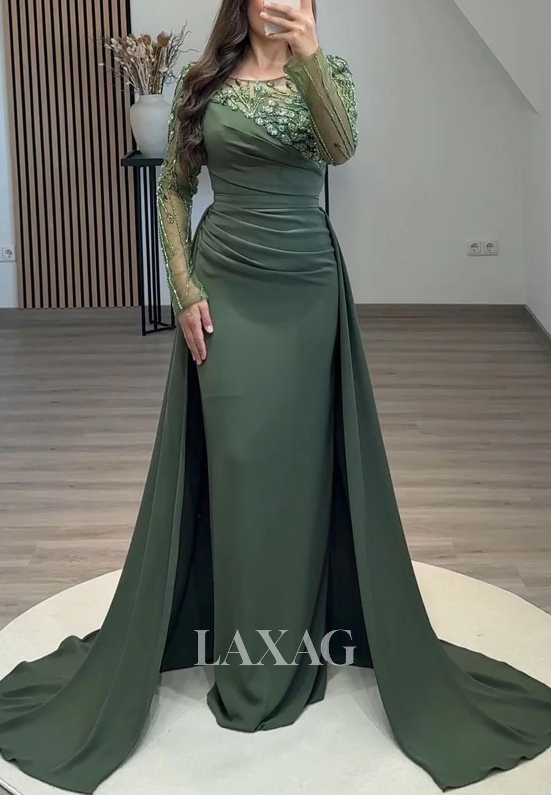 Scoop-Neck Long-Sleeves Satin Formal Gowns Beaded Pleated Mermaid Evening Dress with Train