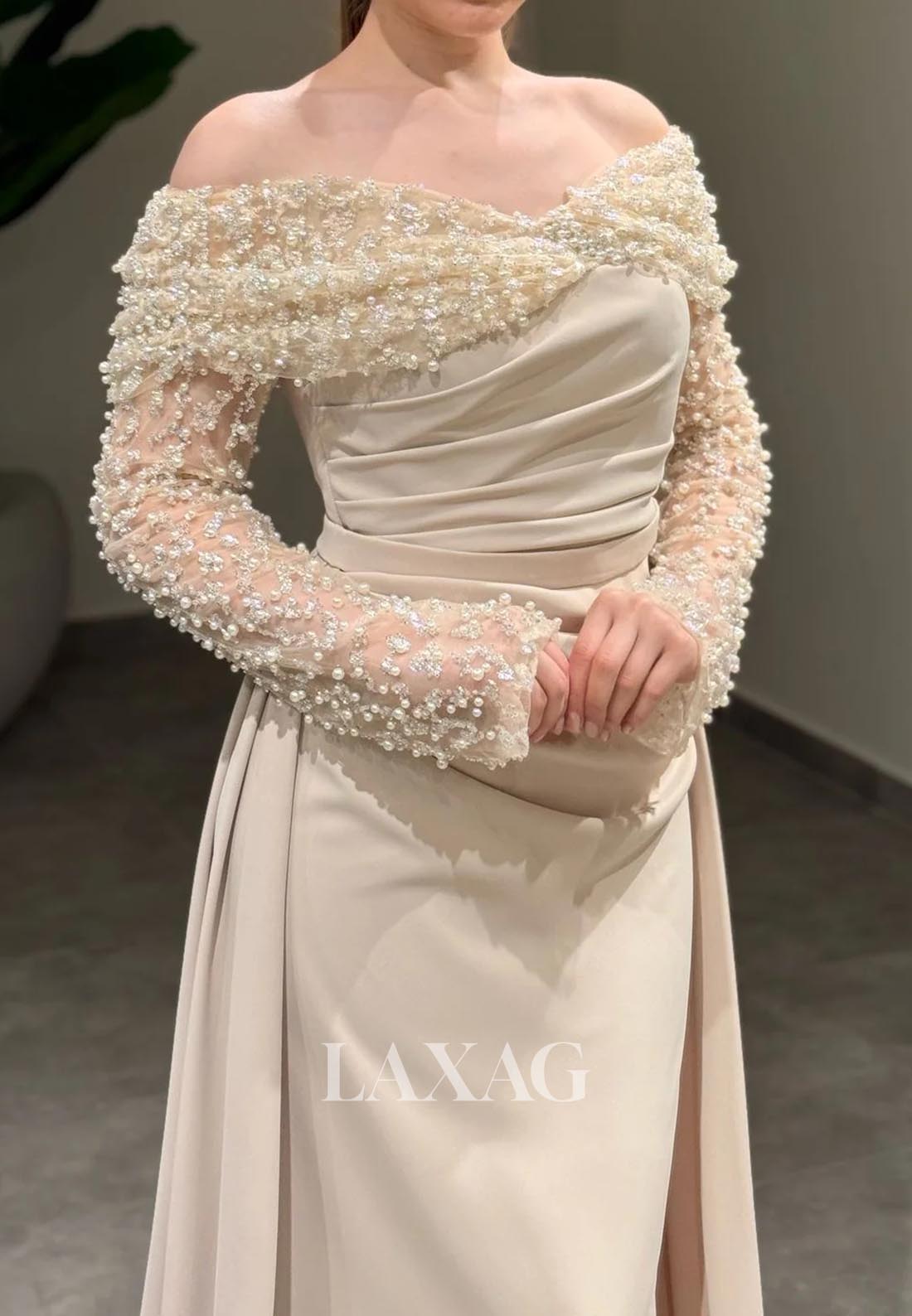 Sweetheart Long-Sleeves Beaded Formal Gowns Pleated Sweep Train Mermaid Evening Dress