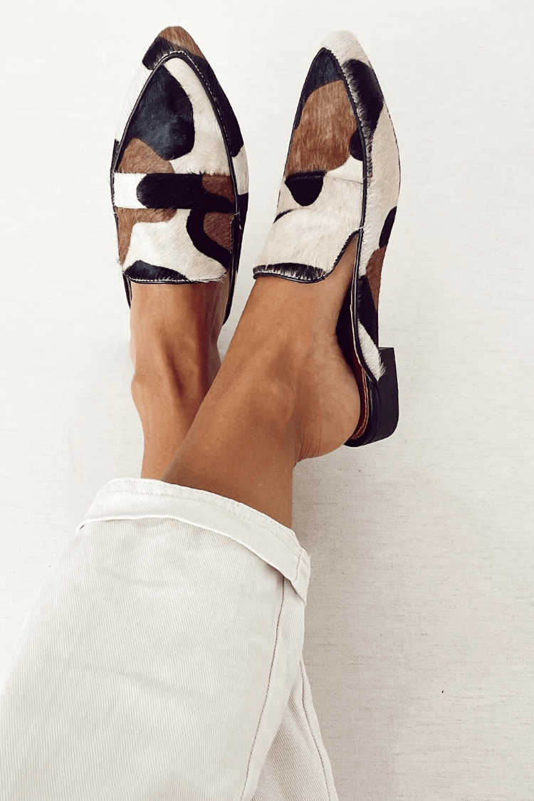 Cow Print Pointed Toe Flat Backless Loafer Mules