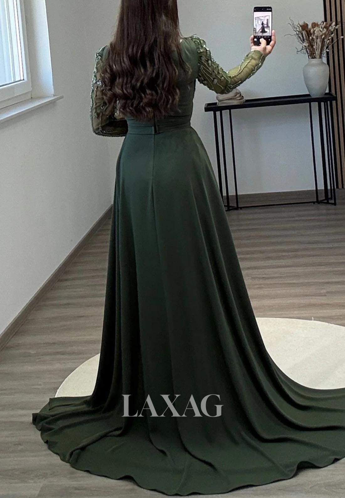 Scoop-Neck Long-Sleeves Satin Formal Gowns Beaded Pleated Mermaid Evening Dress with Train