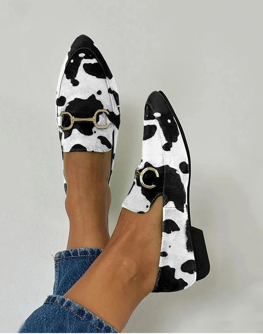 Cow Print Pointed Toe Horsebit Loafers