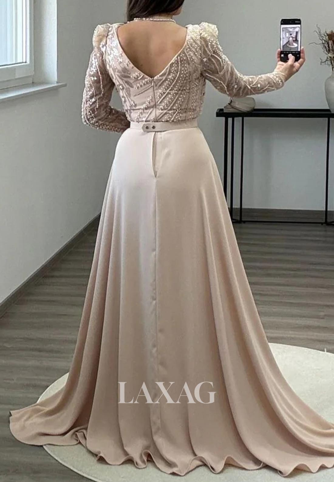 Asymmetrical-Neck Long-Sleeves Mermaid Evening Dress Beaded Pleated Satin Formal Gowns with Train