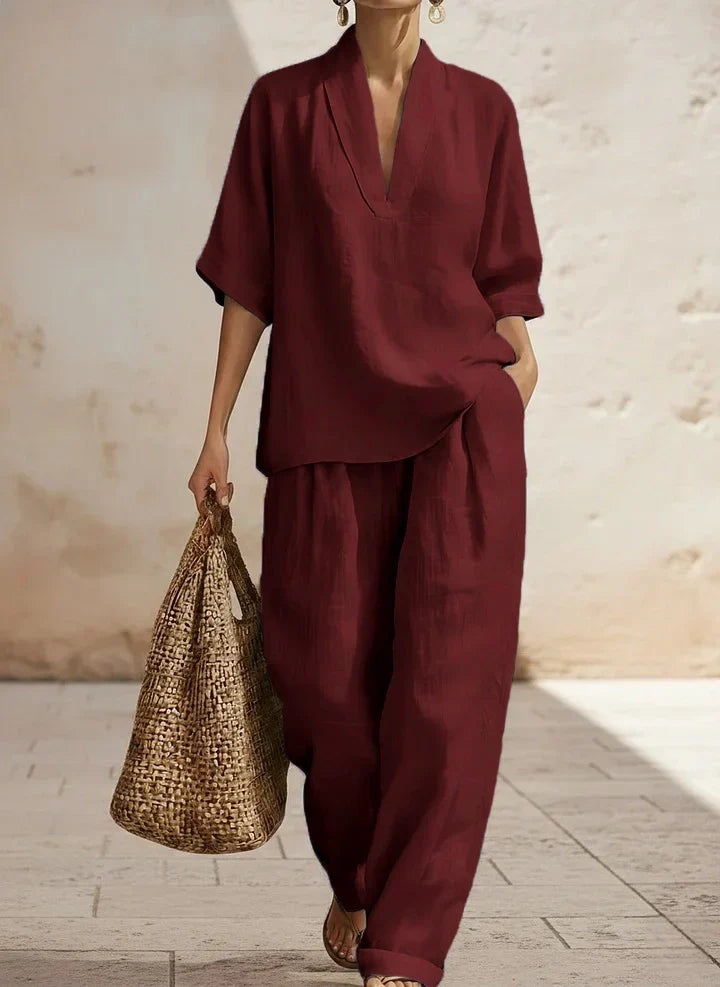 Deep V-Neck Short Sleeve Top and Wide Leg Pants Two Piece Set