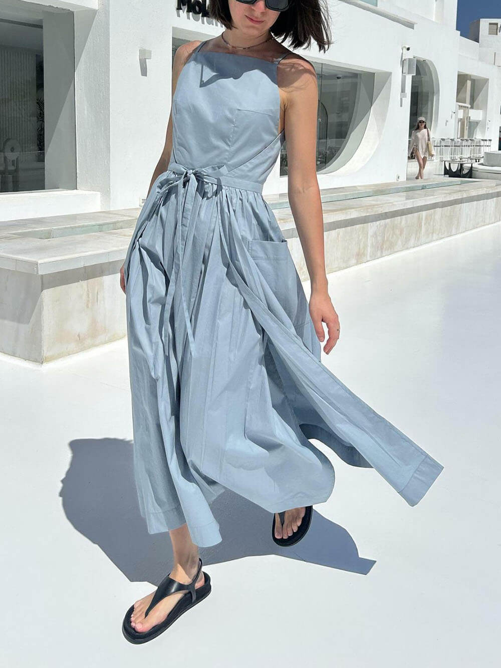 Spaghetti Strap Square Neck Tie Belt Side Pocket Maxi Dress