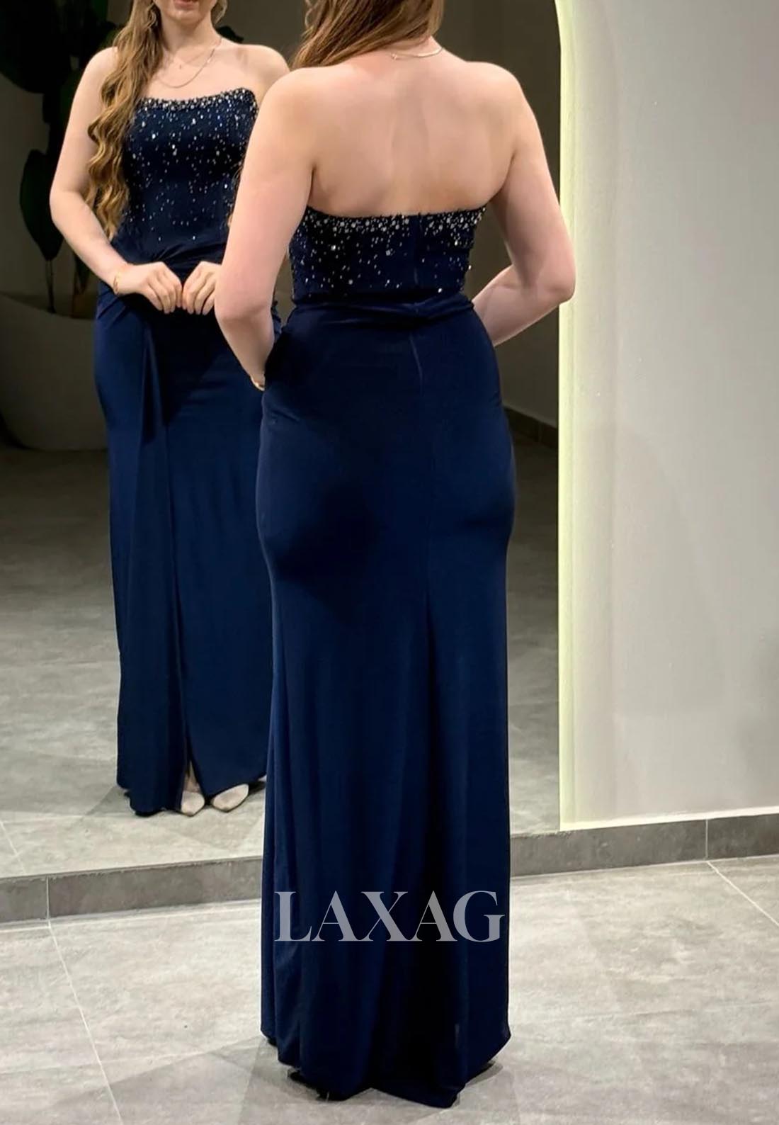 Tube Top Sleeveless Pleated Satin Formal Gowns Off-Shoulder Beaded Mermaid Evening Dress